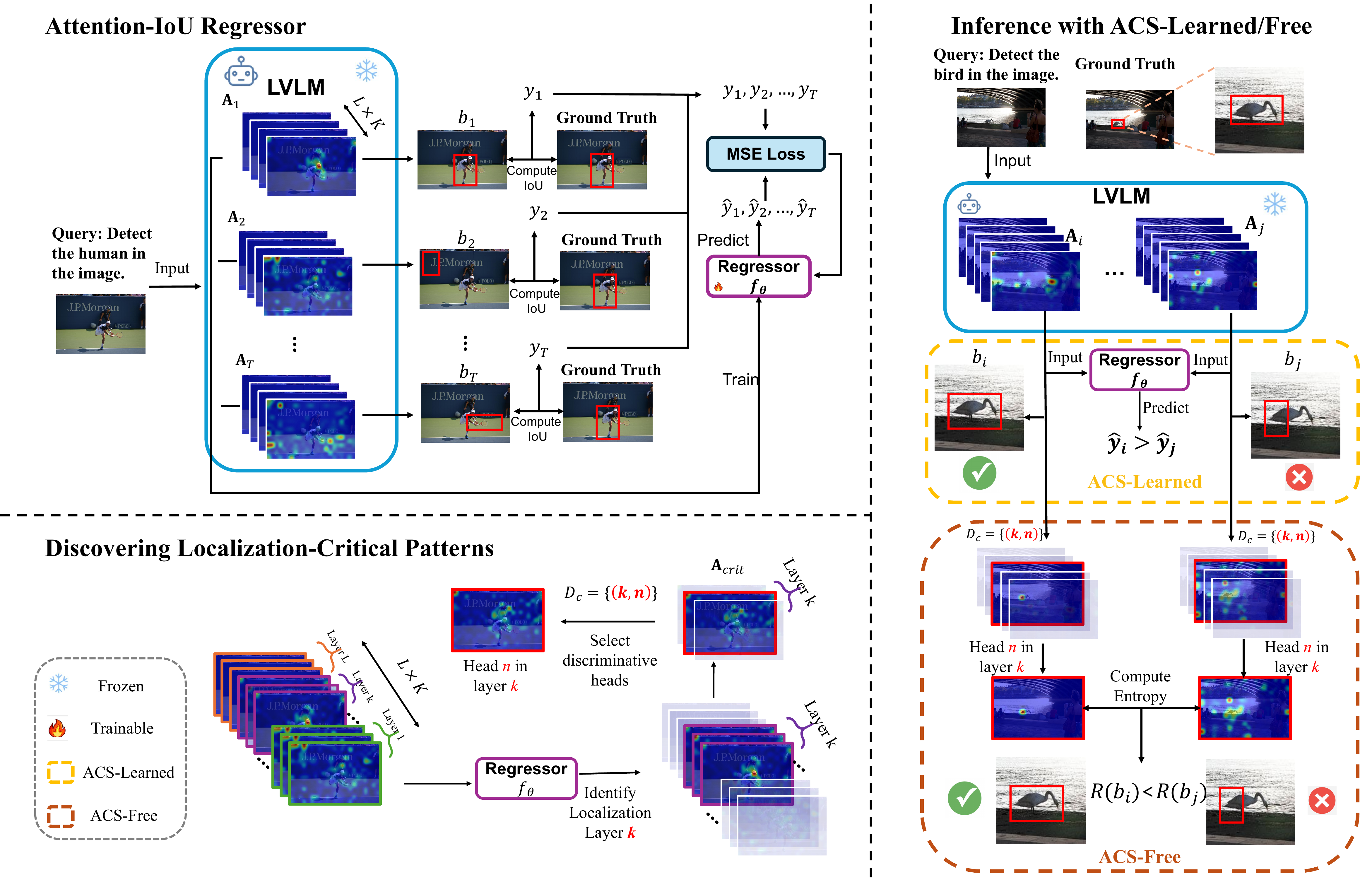 ACS pipeline: an Attention-IoU regressor trained on attention maps, ACS-Learned and ACS-Free inference, and discovery of localization-critical heads.